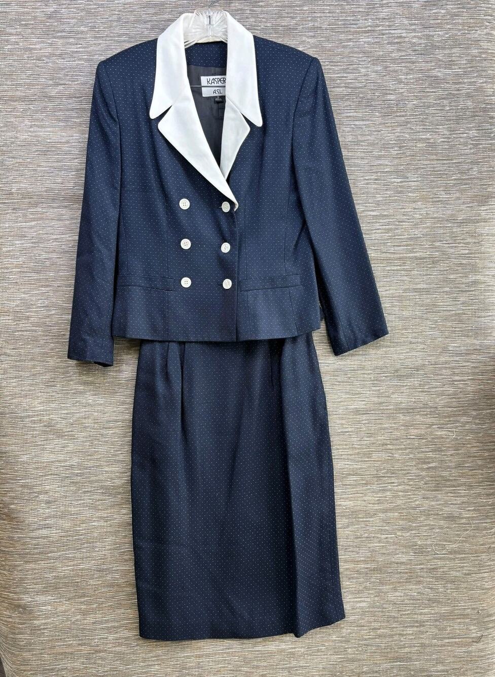 Kasper ASL Skirt Suit Womens 8 Blue Polka Dot 2 Piece Blazer Skirt Career Lined